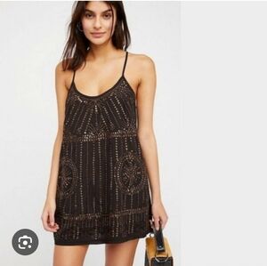 Free People Spaghetti-Strap Black Embellished Mini Slip Dress Size XS